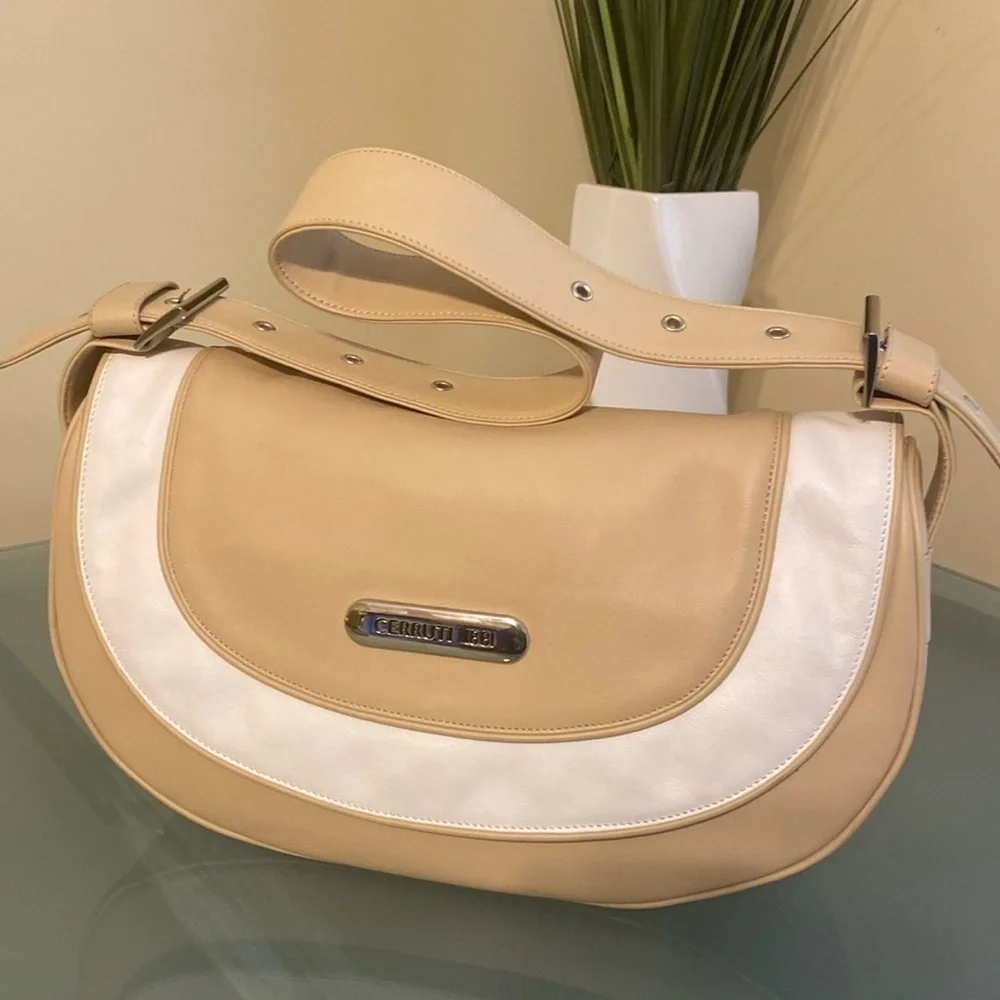 Cerruti 1881 Italian Designed Tan and White Leather Crescent Bag